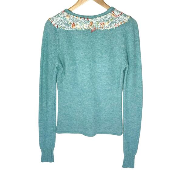 FREE PEOPLE Y2K Women’s Embroidered Lace Trim Blue Wool Henley Sweater - Picture 4 of 5